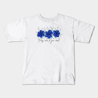 Watercolor Blue Flowers with Green Leaves Kids T-Shirt
